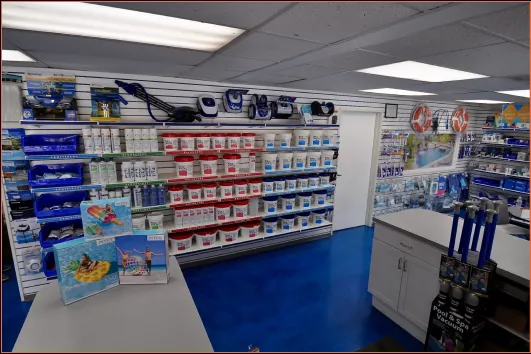 Stocked shelves of pool products